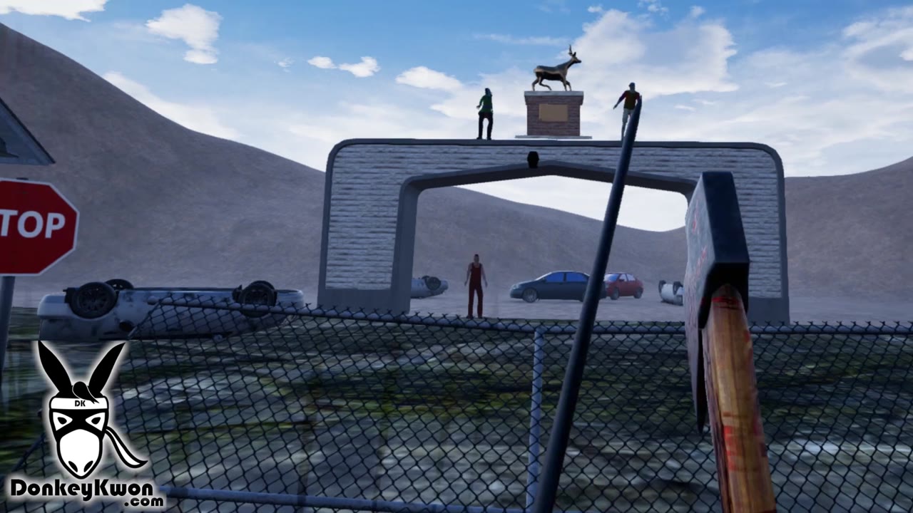 Gameplay still from ZombVR — a dark, neon-lit room in a room-scale VR zombie survival shooter